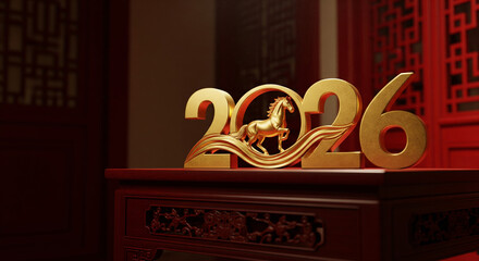 Golden 2026 Year of the Horse numbers on traditional red table