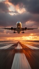 Airplane Taking Off at Sunset Dramatic Sky and Blurred Runway