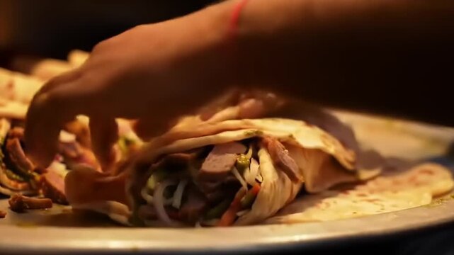 Chef preparing delicious shawarma wrap with fresh ingredients, close-up shot of hands rolling the tortilla.