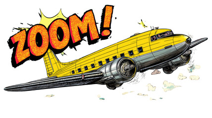 pop art illustration of yellow vintage airplane with bold comic explosion text creating dynamic retro aviation artwork on white background