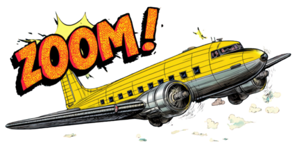 pop art illustration of yellow vintage airplane with bold comic explosion text creating dynamic retro aviation artwork on white background