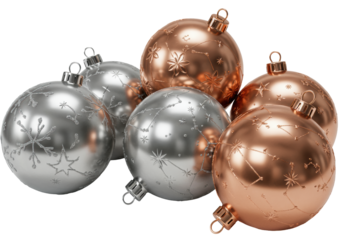 photorealistic macro of luxurious platinum and rose gold christmas ball ornaments with intricate laser etchings, isolated on a bright white background with copy space. Concept of festive elegance and