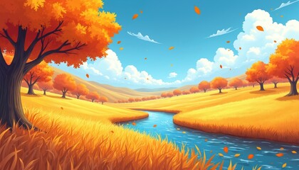 Golden fields with a winding river and orange trees under a blue sky with clouds. Falling leaves signal autumn season. Gentle hills in background create peaceful scenic view.