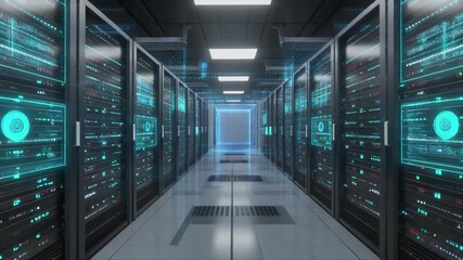 “Futuristic server room with rows of LED-lit racks, blue and green lights, digital overlays, clean and organized” - Powered by Adobe
