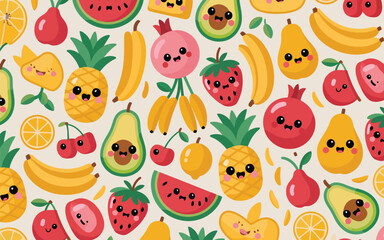 A delightful seamless pattern features cute kawaii style fruits like watermelon, banana, and pineapple