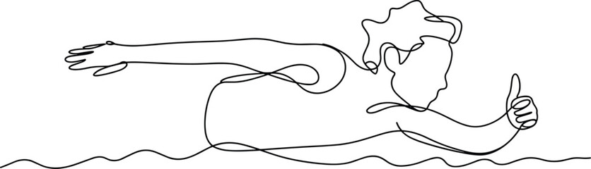 Fototapeta premium Minimalist line of a person swimming with thumbs up