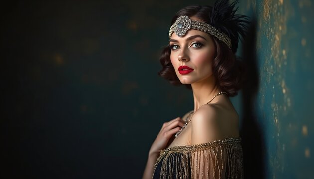 Elegant woman with vintage 1920s hairstyle and beaded headband poses. She wears a flapper dress with fringe and bold red lipstick. Her glamorous look evokes old Hollywood charm and art deco fashion.