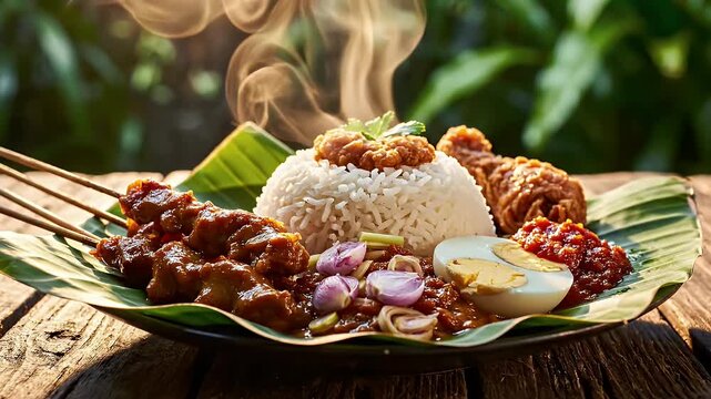 Delicious Indonesian Nasi Lemak with Satay and Fried Chicken.
