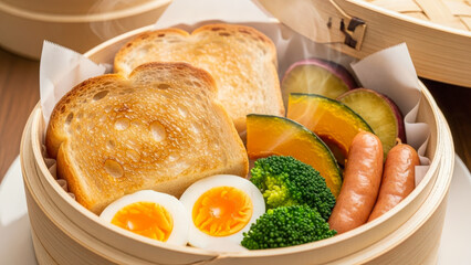 温かいせいろにトースト、半熟卵、ソーセージ、ブロッコリー、かぼちゃなどを盛り付けた健康的な朝食セット。ワンプレートせいろのコンセプトイメージ。