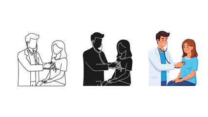 Doctor examining pregnant woman with stethoscope, medical checkup illustration set