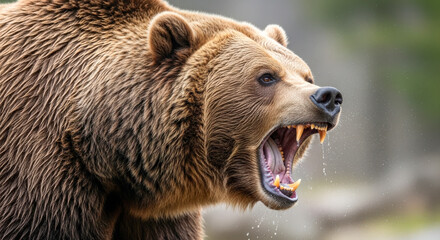 Close-up of a fierce grizzly bear with its mouth open, roaring in a natural forest environment, showcasing power and raw emotion.