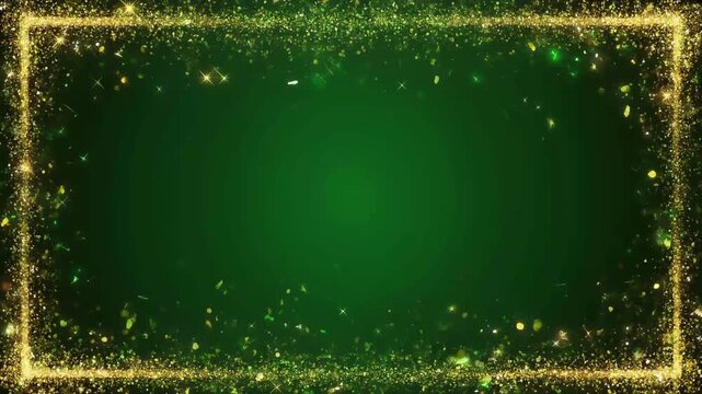 A shimmering golden frame surrounds a deep green background with scattered golden particles. Christmas video background.