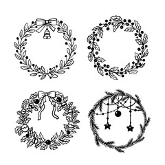 Christmas Wreath. Hand Drawn Retro Vintage illustration. Line Art, black outline, silhouette.