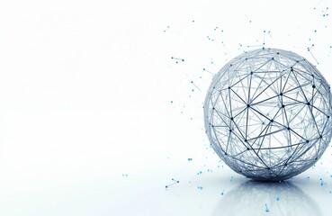 Abstract sphere with connected nodes floats in digital space. Blue light emanates from network structure, glowing with futuristic energy. Technology and data flow around global connection.