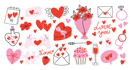 Set of hand draw romantic elements. Valentines day collection.