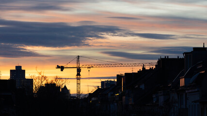 Crane in the Sunset of Duesseldorf Germany in November 2025 - City Developement. High quality photo
