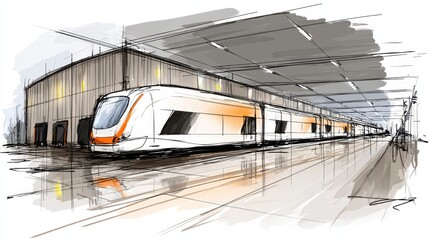 Fototapeta premium Modern Train at Station in Artistic Perspective View with White and Orange Color Scheme