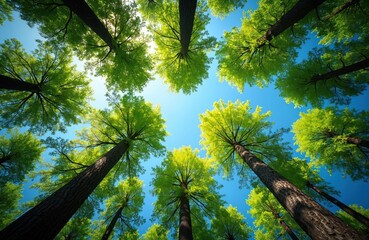 Tall trees reach for clear blue sky. Bright green leaves spread wide creating canopy patterns. Sunlight shines through branches on a warm summer day.