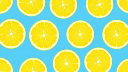Fototapeta premium Bright yellow lemon slices pattern on a vibrant blue background.