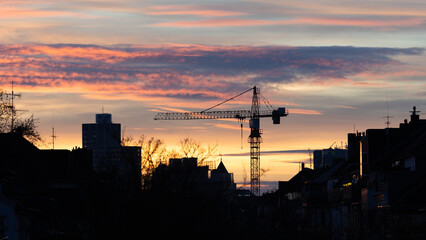 Crane in the Sunset of Duesseldorf Germany in November 2025 - City Developement. High quality photo
