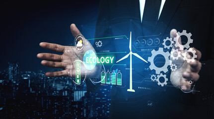 Naklejka premium Sustainable business uses eco-innovation, climate action, and long-term strategies to meet environmental goals and promote corporate responsibility. Vouch