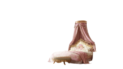 pink canopy bed with flowing draped fabric and soft pastel shading in elegant romantic style on white background