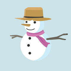 Object of snowman with straw hat. Under grey isolated background.