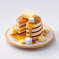 Delicious pancakes stacked high, topped with butter and syrup.