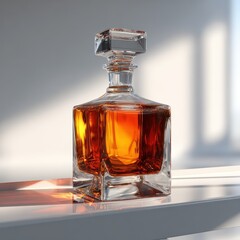 Elegant glass decanter filled with amber liquor on a clean surface.