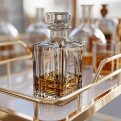 Elegant glass decanter filled with whiskey on a stylish tray.