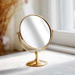 Elegant golden makeup mirror reflecting soft sunlight indoors.