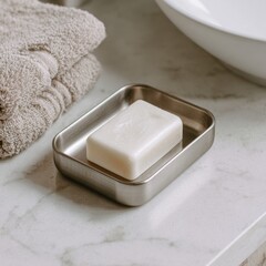 Minimalist soap on a tray with towels in a modern bathroom setting.