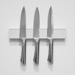 Stylish stainless steel knives displayed on a magnetic holder.