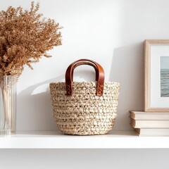 Stylish woven basket with dried flowers on a modern shelf.