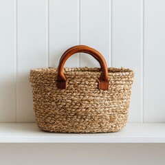 Stylish woven basket with leather handles on a shelf.