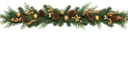 Lush cedar christmas garland intricately decorated with natural acorns and metallic golden ornaments, hyperrealistic flat lay on a high-key transparent background with copy space. Concept for festive