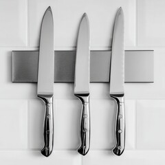 Three kitchen knives neatly displayed on a magnetic strip.