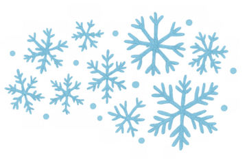 Falling snowflakes and ice crystals creating a winter background pattern on a transparent backdrop