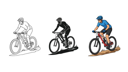 Naklejka premium Set of three illustrations of a mountain biker riding downhill, showing outline, silhouette and full color versions