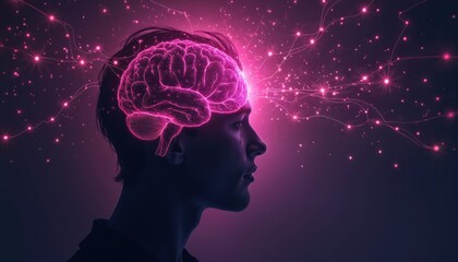 Obraz premium Profile silhouette reveals glowing brain with neural connections. Pink light pulses with data streams, signifying thought, ideas, and mental health awareness. Copy space for important messages.