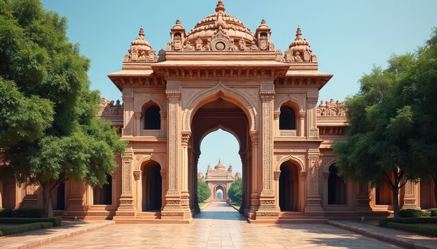 Grand sandstone archway with intricate carvings leads to historic Indian temple complex. Lush green trees frame this ancient architectural wonder on a sunny day.