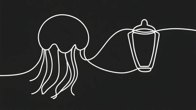 Minimalist one-line illustration portraying the delicate connection between a graceful jellyfish and a nurturing baby bottle, symbolizing the continuous cycle of life