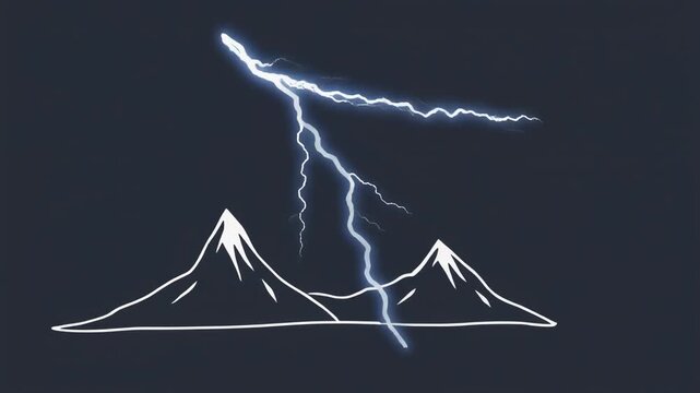 Striking illustrative depiction of a formidable lightning bolt illuminating minimalist outline mountains under a dark sky
