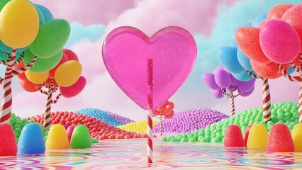 Colorful whimsical candy land with heart shaped lollipops and sugary treats