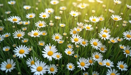 Fototapeta premium Close-up view of white daisy flowers in green grass. Many blooming chamomile plants with yellow centers grow in summer meadow. Gentle sunlight illuminates field.