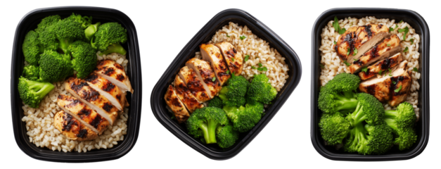 Healthy grilled chicken, brown rice, and broccoli in a black plastic meal container isolated on white transparent background