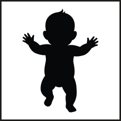 Black silhouette of a baby with arms raised and open on a white background Keywords: baby, infant, child, silhouette, black, white, arms raised, open
