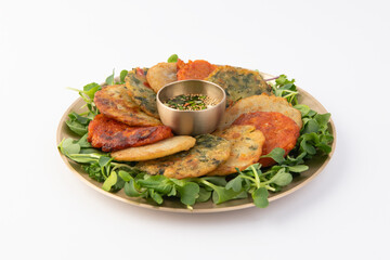 Assorted Korean Pancakes (Jeon) Platter with Dipping Sauce and Fresh Greens