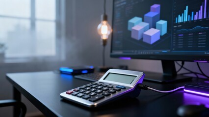 Modern office workspace with financial calculator and data analytics on screen