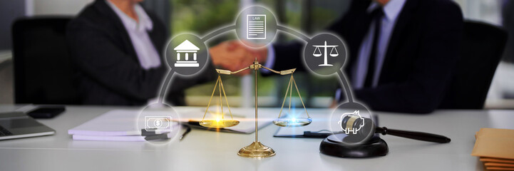 Adults negotiate legal agreement financial services law principles justice and balance abstract concept icons on an office table